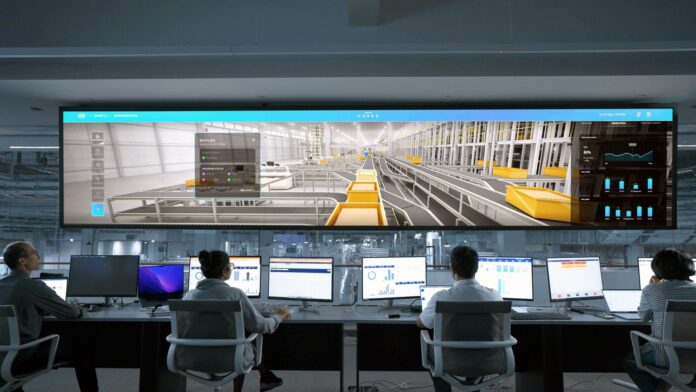 Operatorzy w nowoczesnej sterowni monitorujący cyfrowe ekrany systemów